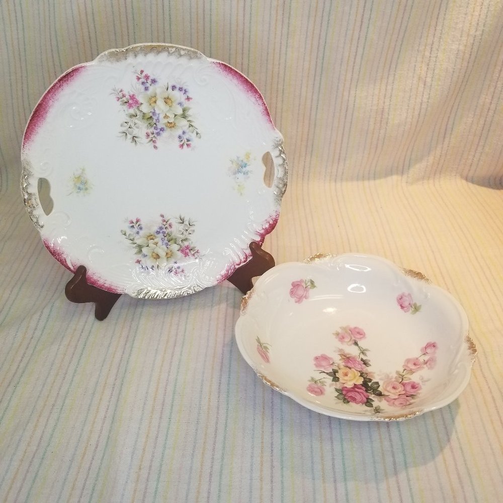 Vintage Antique Rose Floral Serving Bowl Germany + Handled Cake Plate Gold